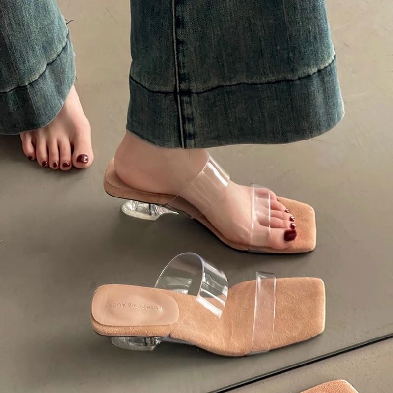 Niche High-end Transparent Belt One-word Wedge Slippers Outer Wear 2025 Summer Fashion Women's Sandals High-heeled Sandals