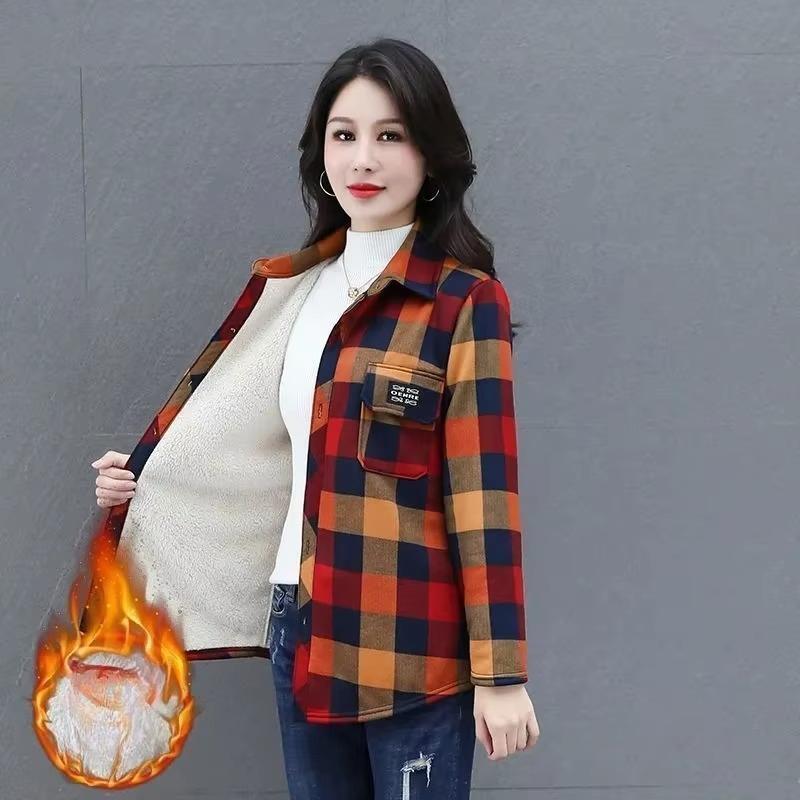 Middle Aged Women Shirt Tops Add Velvet Thicken Warm Plaid Shirt Spring Autumn Winter Casual Shirt Jacket Bottoming Shirt