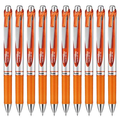 Pentel Energel Gelink Balpen Drukmechanisme Zilver 10 Pennen Pen, Type, 0,7 mm, Houder, BL77-F, Oranje,