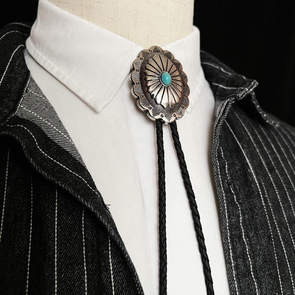 PU Woven Rope Turquoise Bolo Tie Western Country Style Brass Carved Flowers Necktie  Men
