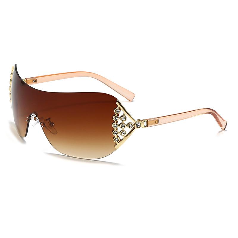 European and American Style Diamond-encrusted Sunglasses with Integrated Lenses and Fan-shaped Design for Women.