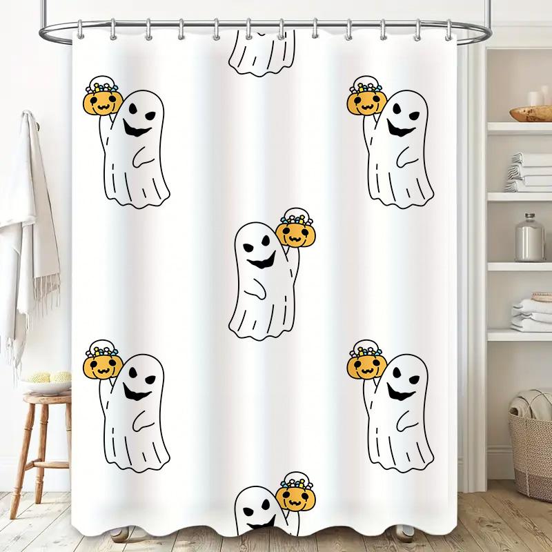 1Pccute Ghost Shower Curtain With Smiling Ghosts And Pumpkins Halloween Decor For Bathroom Kids Room