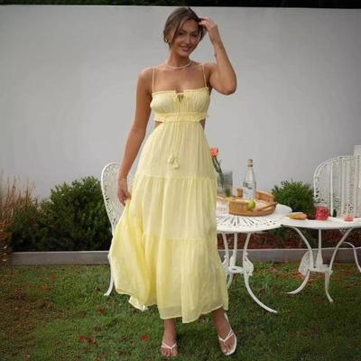 Dámské letní nové sexy šaty s ramínky na ramínka, dlouhé, s odhaleným zadkem a splývavým lemem