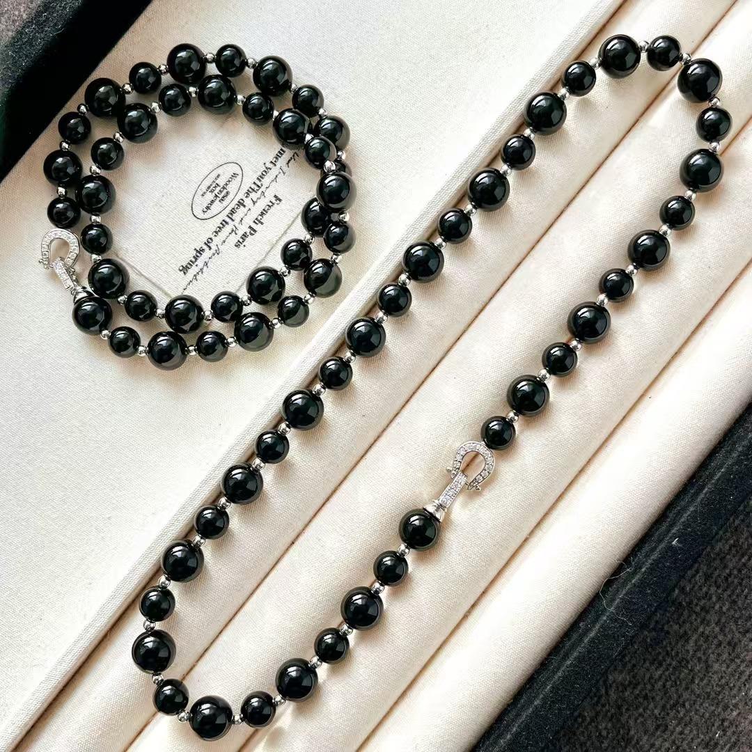 Vintage Chinese Lighting Vitreous Body Natural Black Agate Design Necklace Clavicle Chain