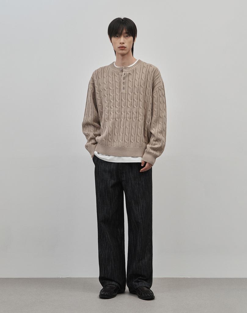 WORK ON BODY OFF Koren Semi-Overfit Cable Henley Neck Knit [Beige]