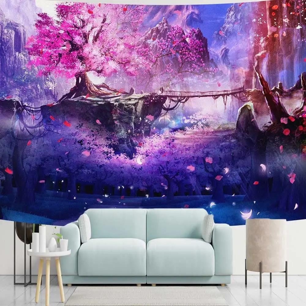 Anime krajina Tapiserie Japonská hora s třešňovými květy Tapiserie Sakura Vesnice Estetické umění Nástěnná tapiserie pro ložnici