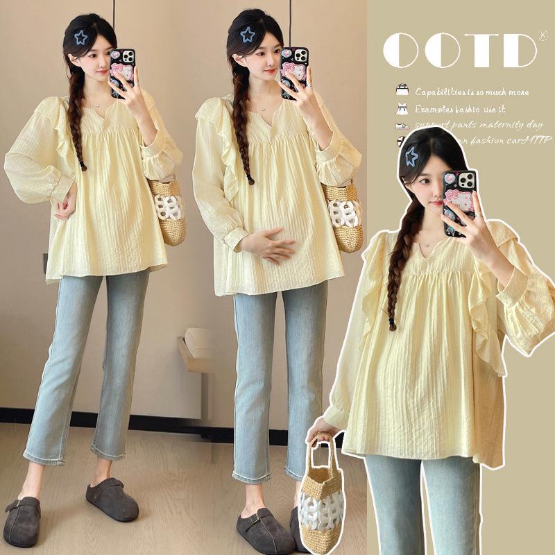 2026 Spring Maternity Spliced Design Shirt - Versatile, Loose, Slimming Doll Top M