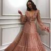 Rochie de seară pentru femei europene și americane, primăvară/vară 2025, sexy, cu decolteu în V, cu accente aurii, cu mânecă lungă