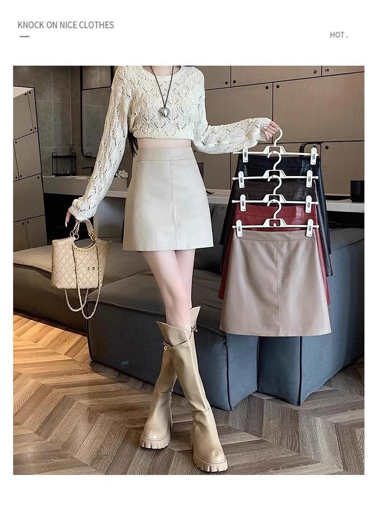 Women's High-Waist Black PU Leather A-Line Skirt – Autumn/Winter 2023, Korean Style, Slim Fit, Anti-Exposure, Short Length