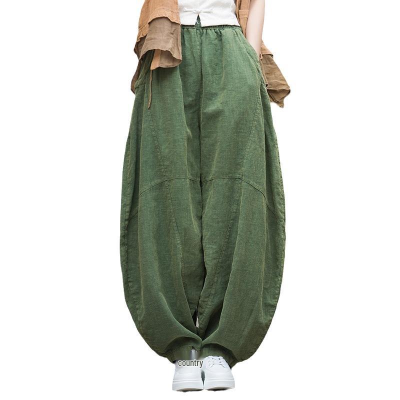 Damen Frühling Baumwolle-Leinen Locker Geschnitten Ramie Laternenhose