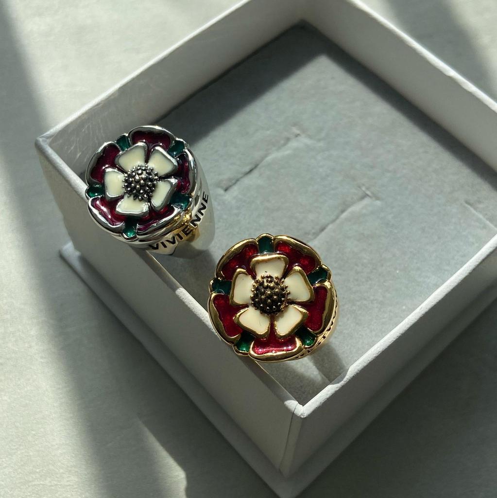 Gilt Copper Cloisonné Enamel Tudor Rose Ring Inspired by Empress Dowager Cixi's Vintage Style