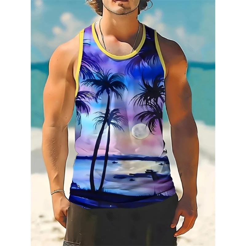 Summer Round Neck 3D Tropical Palm Tree Printed Top Fashionable Casual Sleeveless Women's Tank Tops