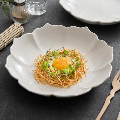 Pure White Ceramic Petal Deep Plate High Beauty Salad Plate Dessert Snack Plate Pasta Plates Molecular Food Specialty Tableware