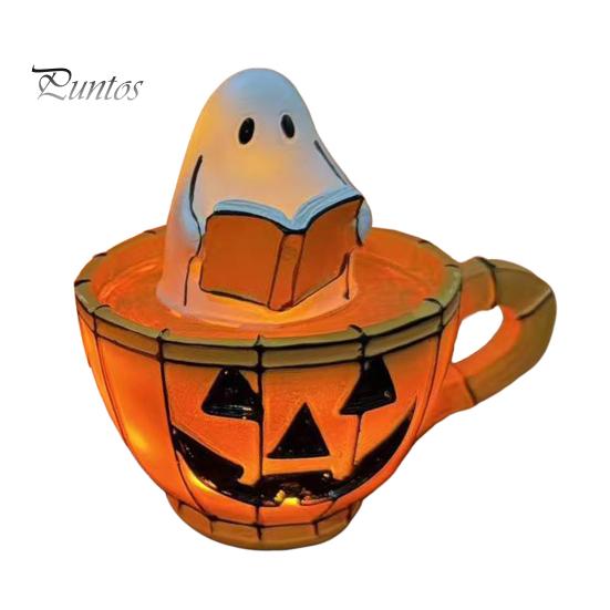 Halloween Bedside Light Ghost Reading Book Lamp, Stained Glass Style Night Light, Resin Spooky Pumpkin Mug Lamp for Bedroom, Living Room, Party,