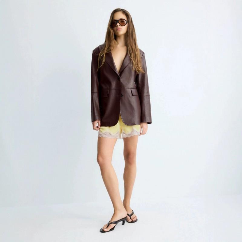 Womens Vintage Brown PU Leather Blazer Coat Loose Fit Notched Lapel Office Chic Single-Breasted Jacket