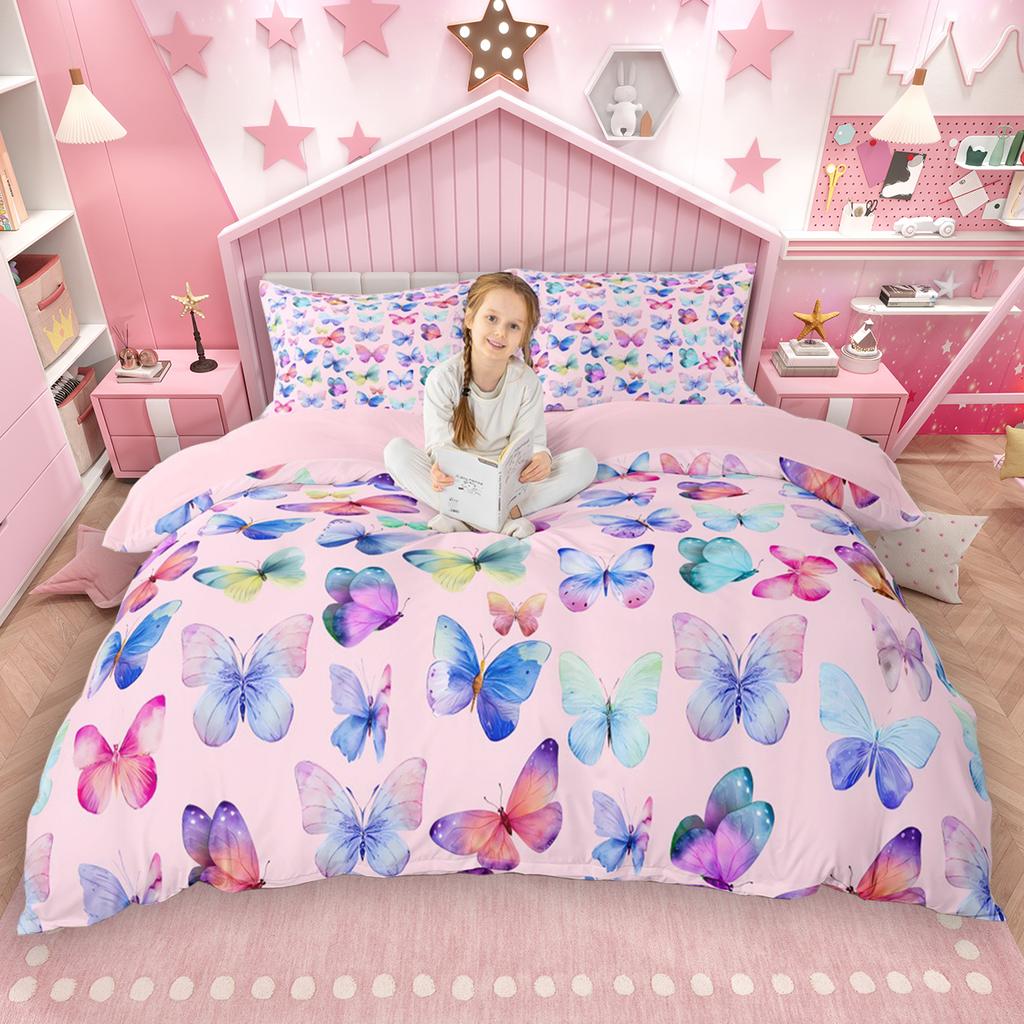 Comforter Homewish Chic Butterfly For Kids Girls 2Pcs/3Pcs Cute Watercolor Animal Bedding Set Wildlife Theme Bed Set