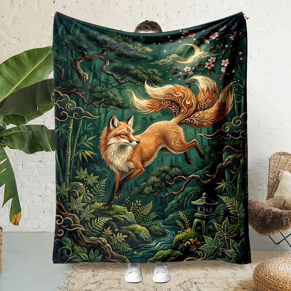 Moonlit Nine-Tailed Fox Cherry Blossoms Print Blanket Warm Soft Fluffy s and Adult Sofa Bed Throw Outdoor Travel Camping RV