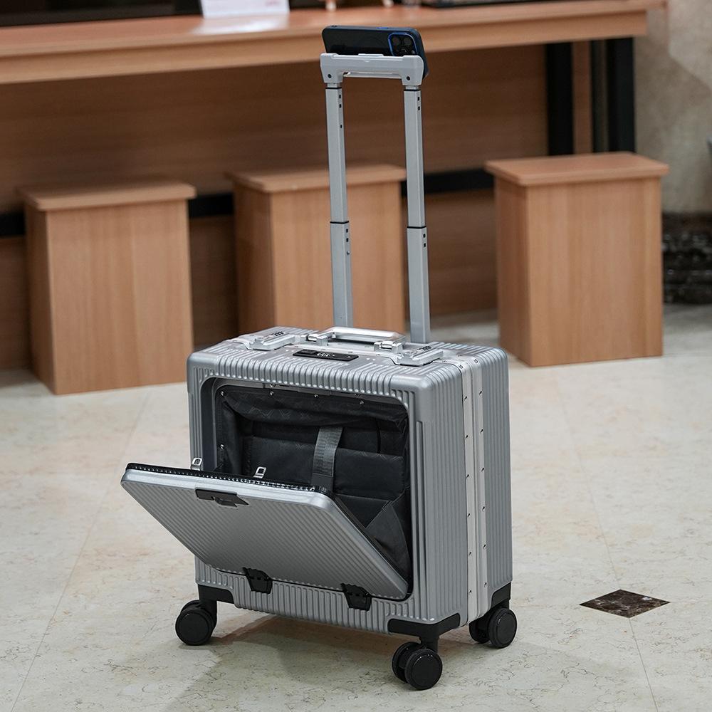 18-Inch Aluminum Carry-On Trolley Suitcase with Front Opening - Compact, Durable for Men, Women, and Students, Free Check-In