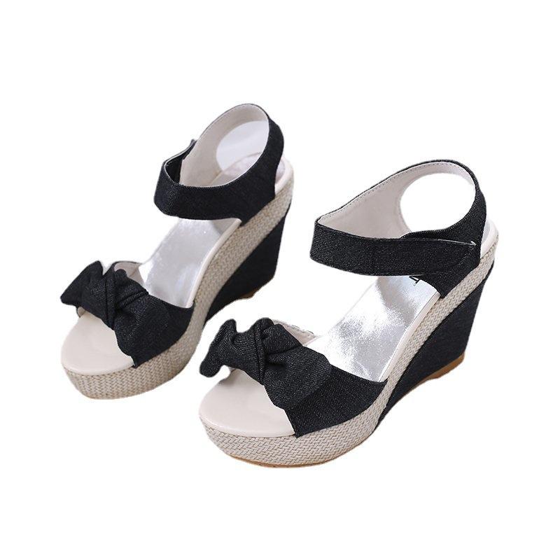 Ladies Platform Denim Sandals Fashion Bow Mixed Colors Wedges High Heels Women's Sandals Casual Party Woman Shoes