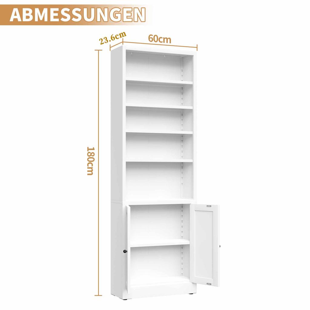 Metal Bookshelf with 5 Levels and Door, Industrial White, Adjustable Shelves, Dimensions H 180 x W 60 x D 23.6 cm, for Living Room, Office and Library