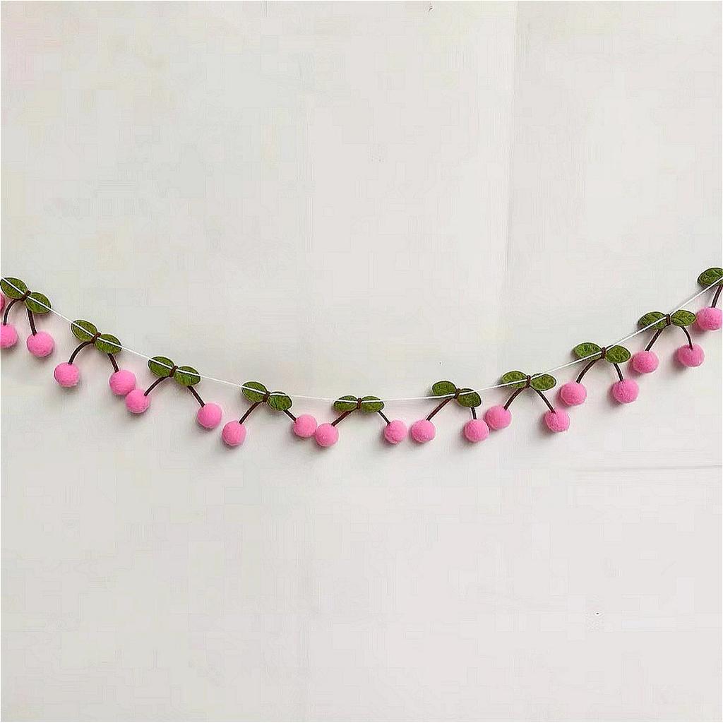 12pcs/Set Cute Cherry Felt Plush Ball Pull Flag - Festive String Hanging Decoration Birthday Party New Year Home Celebration
