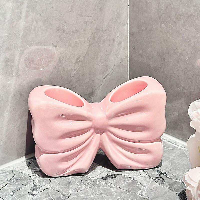 1Pc Ceramic Bow Toothbrush Holder Ornament Ceramic Toothbrush, Toothpaste Storage Rack Bathroom Accessories Brush Holder