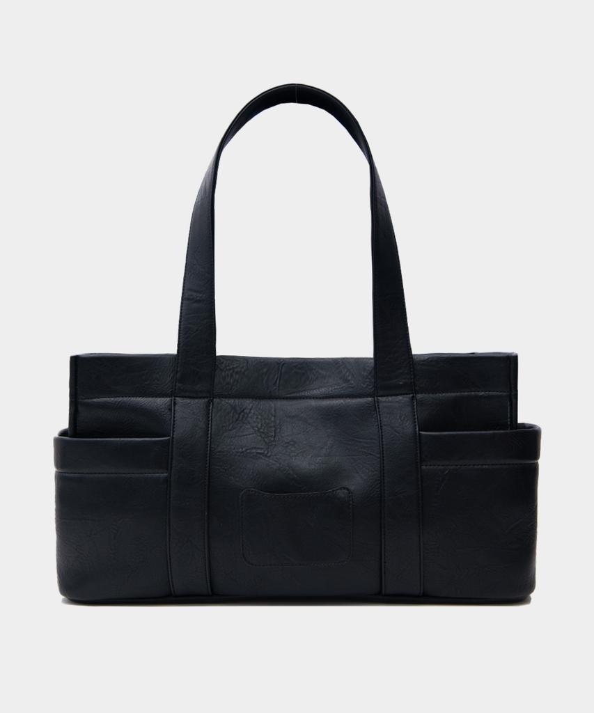 Macoi Big Square Leather Baguette Shoulder Tote Bag [Black]
