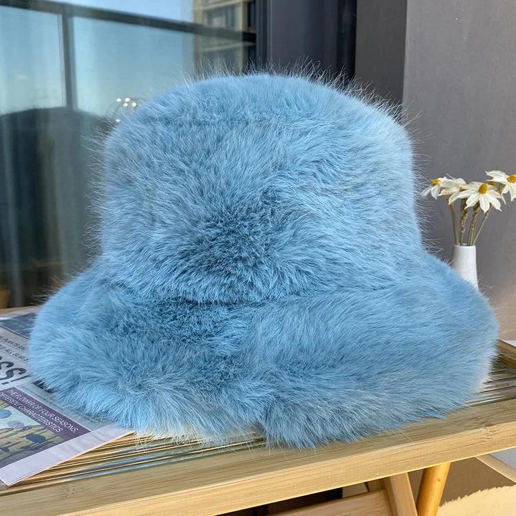 Fluffy Faux Fur Bucket Hats Women Rabbit Fur Warm Thick Plush Winter Hat Lady Fashion Luxury Panama Furry Fisherman Cap Y2K