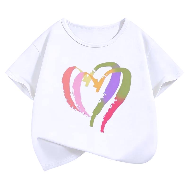 Colorful Love Heart Fashion Crew Neck Short Sleeve T Shirts Kids Children's T-shirt Boys Girls Summer Casual Aesthetics Top Tee