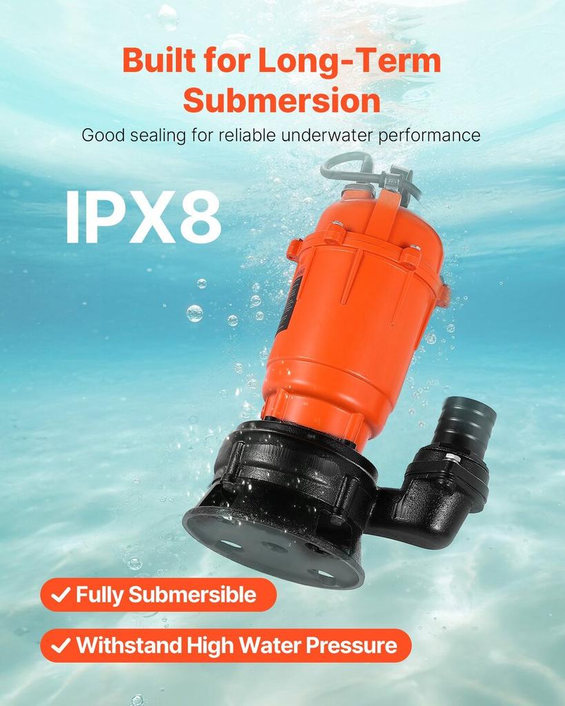 550W Submersible Trash Pump, 18000 L/H, Cast Iron Submersible Sump Sewage Pump with 2 In Discharge, 10M Max Lift, Draining Dirty Clean Water, for