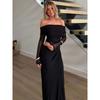 Shemoda Fashion Ins Style Sexy off-the-Shoulder off-Neck Mesh Patchwork Waist-Slimming Cut Out Long Sleeves Dress Women's Clothing
