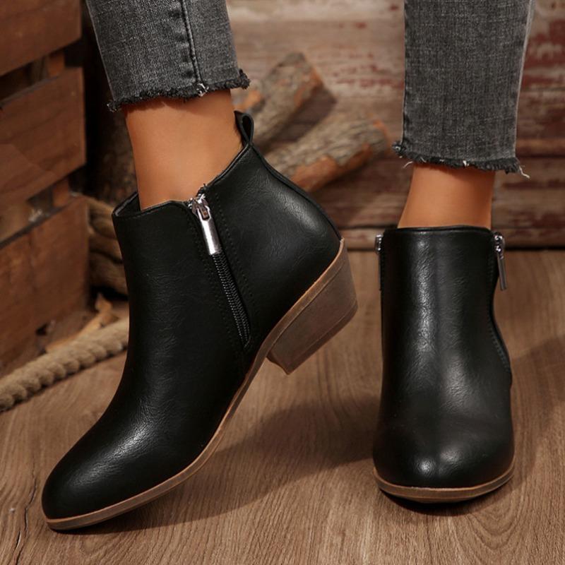 Bocanci Martin pentru Femei cu Vârf Ascuțit, Aspect Uzat, Cizme din Piele cu Toc Gros și Fermoar Lateral, Mărimi Mari, Pantofi de Toamnă-Iarnă