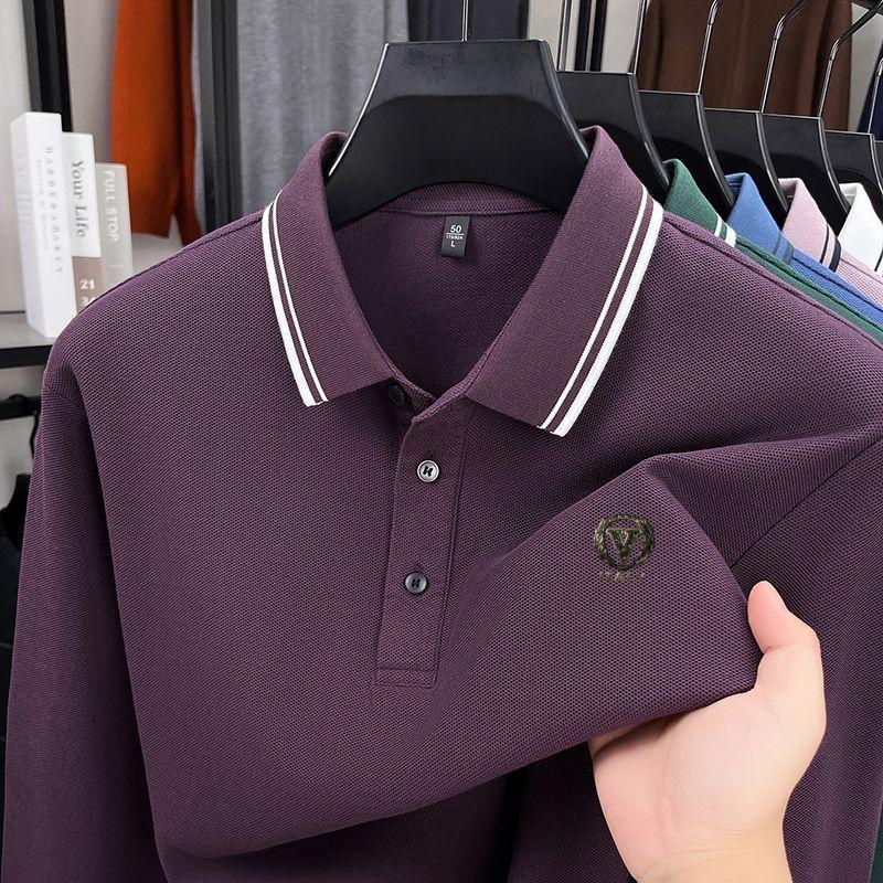 Wovey Kwaliteits Katoenen Heren Poloshirt Kraag Lange Mouwen T-shirt Herfst Collectie Letterprint Mode Zakelijke Herenkleding 4XL paars