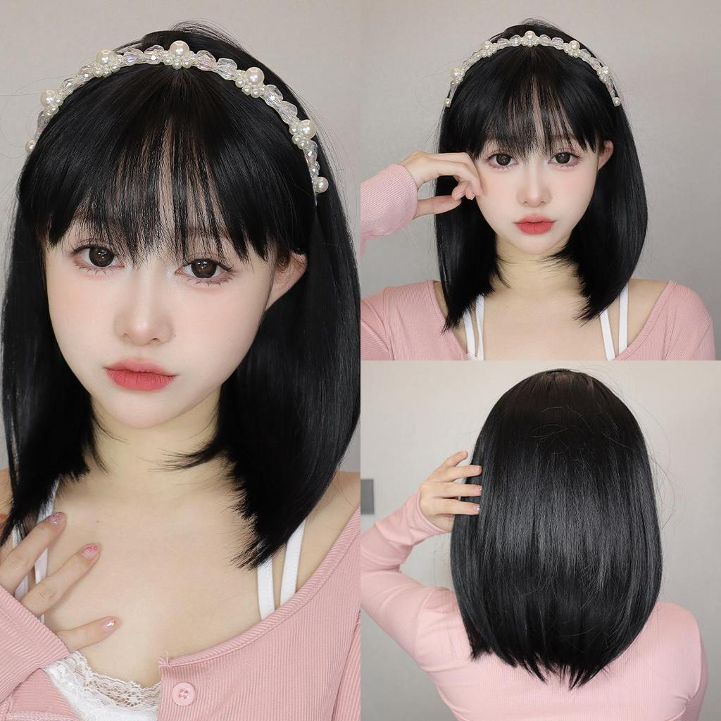 ALAN EATON Brown Highlight Bob Wigs with Bangs Short Straight Wig Natural Mixed Color Hair for Women Daily Party Synthetic Wig