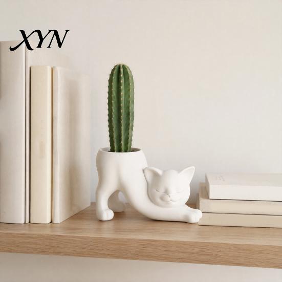 Cute Cat Home Decor 3D Printed Stretching Planter Pot, Kitty Succulents Creative Minimalist Cream Animal Flowerpot, Lovely Kitten Plant Pot for Office