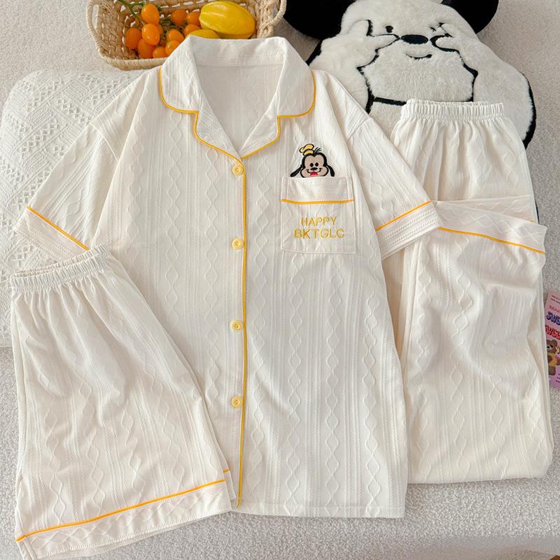 High-value solid color puppy imitation cotton jacquard simple pajamas women's short-sleeved three-piece loungewear