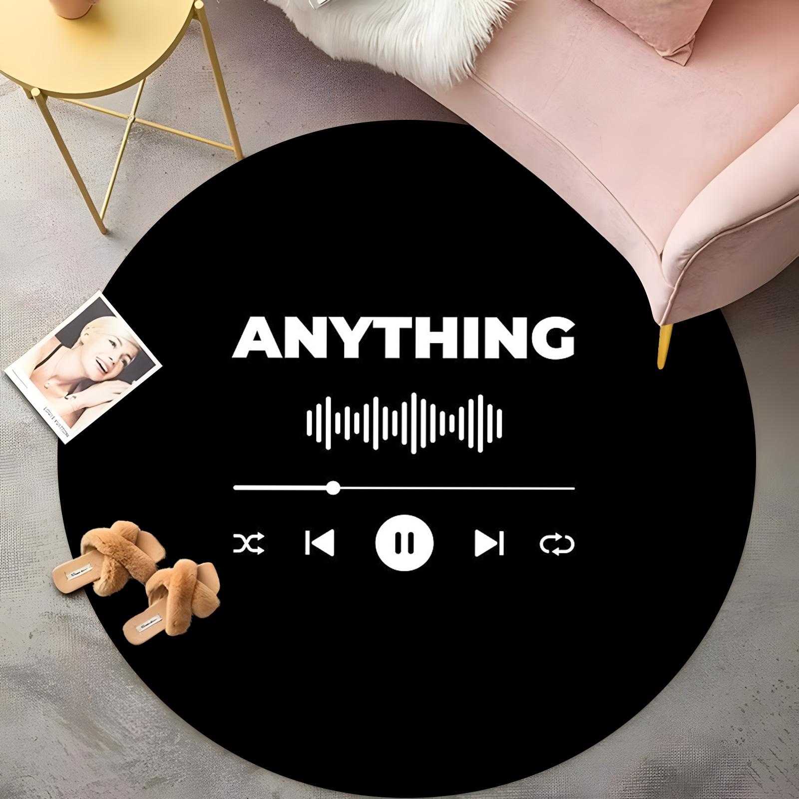 

Круглый ковер с управлением музыкой - Текст ANYTHING с иконками Play/Pause, Минималистичный черно-белый ковер, Нескользящий коврик для пола в DJ-комнате 60cm