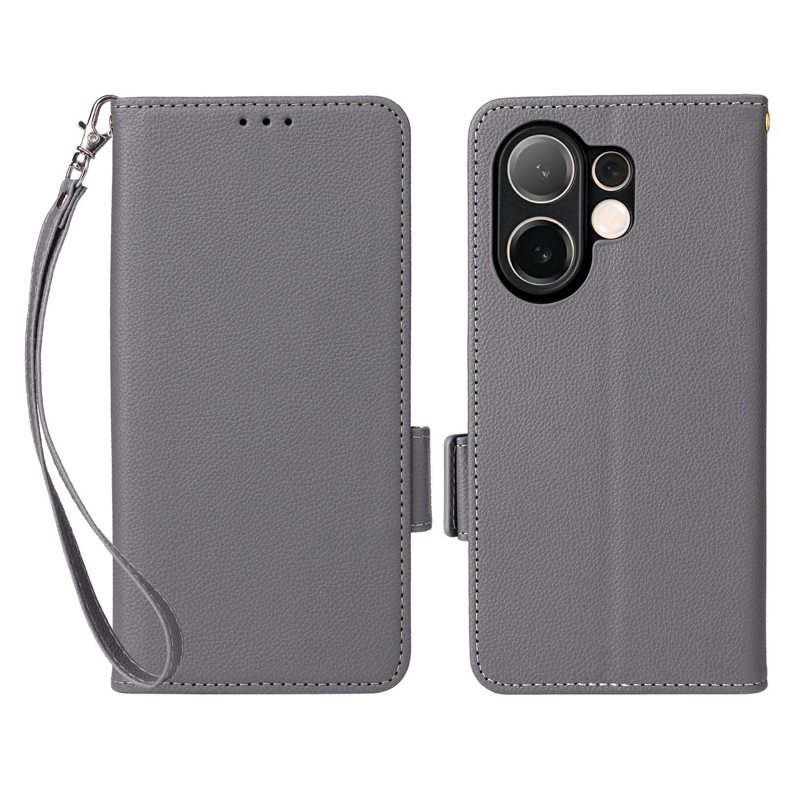 

For vivo V60 5G Case with Wrist Strap Litchi Texture PU Leather Wallet Phone Cover Grey