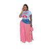 European & American Women's Sexy Fashion T-shirt and Denim Patchwork High-Waist Split Plaid Skirt Set