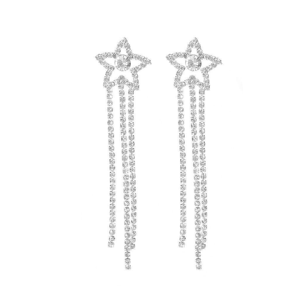 Pentagram Full Diamond Rhinestone Long Fringed Earrings for Women