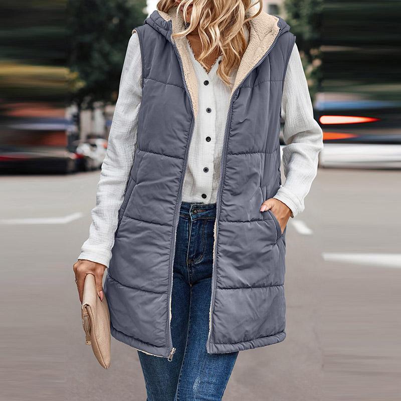Gilet reversibile autunnale da donna, senza maniche, con cerniera, con cappuccio, tasche, lungo, caldo, invernale