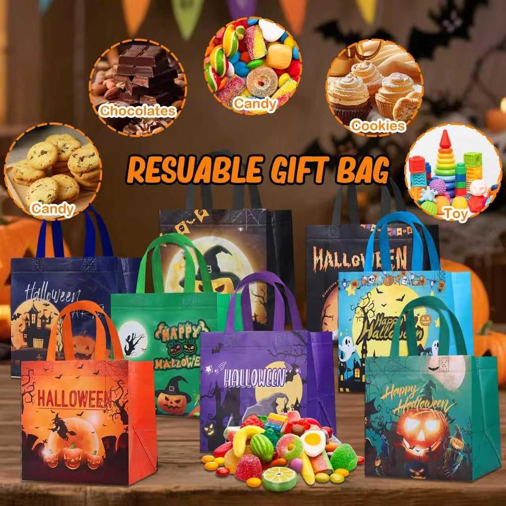 16PCS Halloween Trick or Treat Bags, Large Halloween Tote Gift Bags with Handles, Reusable Non-Woven Candy Bag for Gifts Wrapping, Party Supplies,