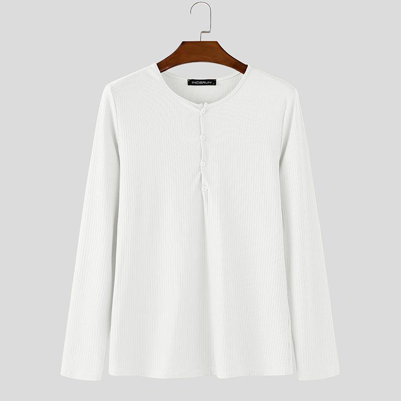 INCERUN Herbst Herren Langarm Einfarbig Rippenmuster Figurbetont Pullover Tops Unterhemden