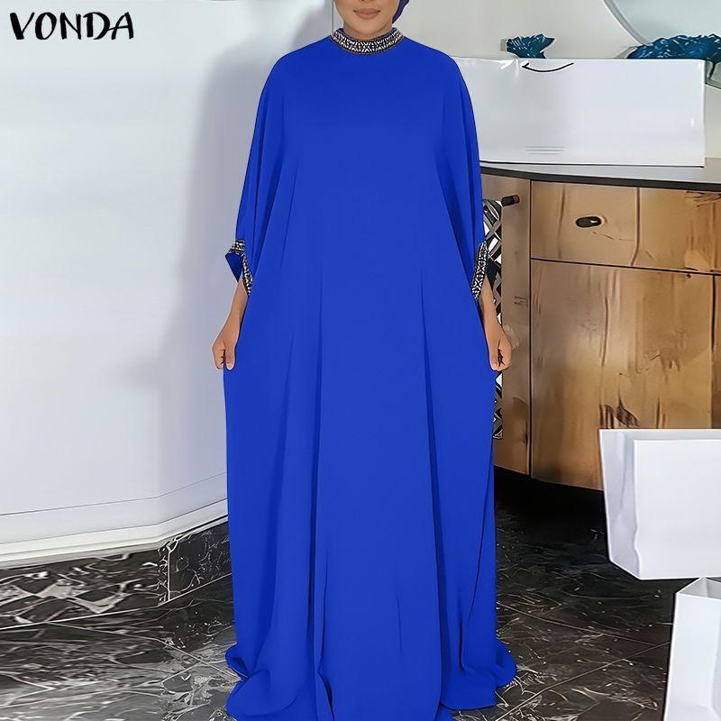 VONDA Women Casual Round Neck 3/4 Sleeve Splicing Casual Baggy Long Maxi Swing Dress