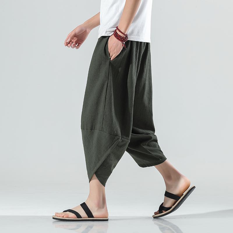 Chinese Style Summer Calf Length Casual Men's Pants Wide Leg Cotton Linen Harem Baggy Pants