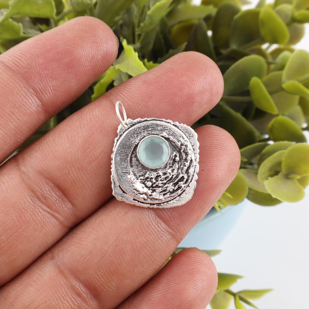 Aqua Chalcedony Handmade Gemstone Jewelry, 925 Solid Sterling Silver Pendant Unique Design Jewelry, For Women