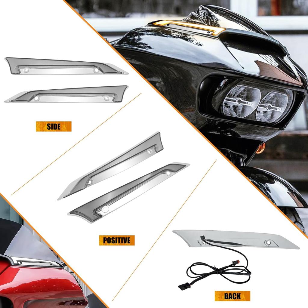 Windshield Side Trim LED Light Turn Signal Running Lamp Fit for Road Glide FLTRX FLTRXS FLTRK FLTRU FLTRXSE FLTRUSE 2015–2024 Chrome Front Fairing