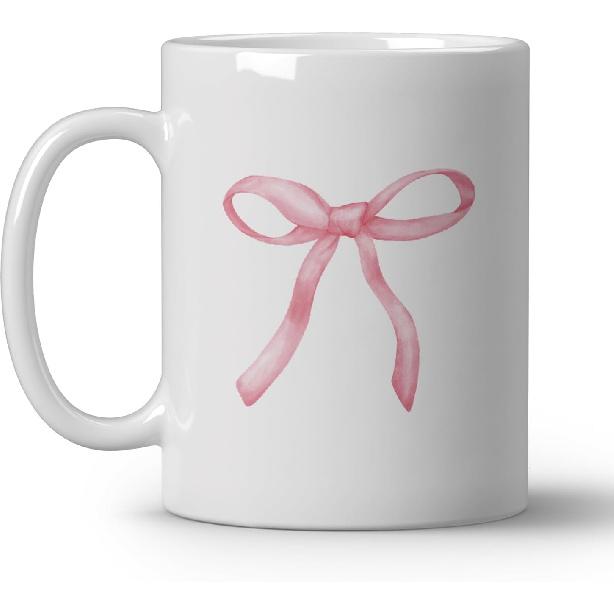 Coquette Pink Bows Coffee Mug, 11oz Ceramic, Pink Ribbon Bow, Minimalist Girly, Cute Gifts For Women Girls