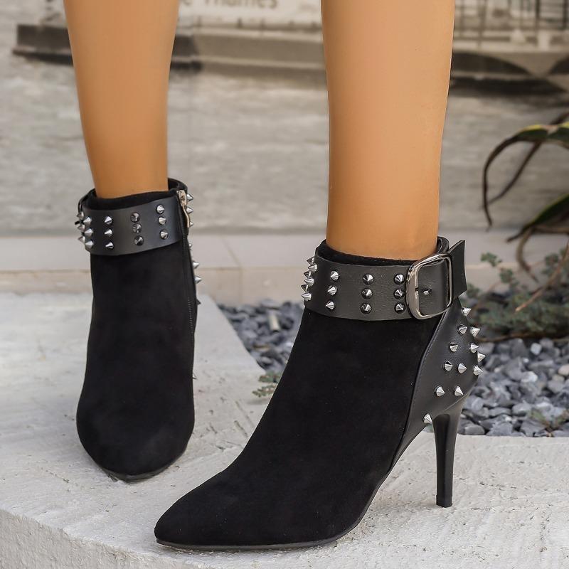 Autumn/winter New Boots Rivet High Heels Sexy Slimming Fashion Boots Pointed Toe Stiletto Heel Slim Elegant Women's Short Boots