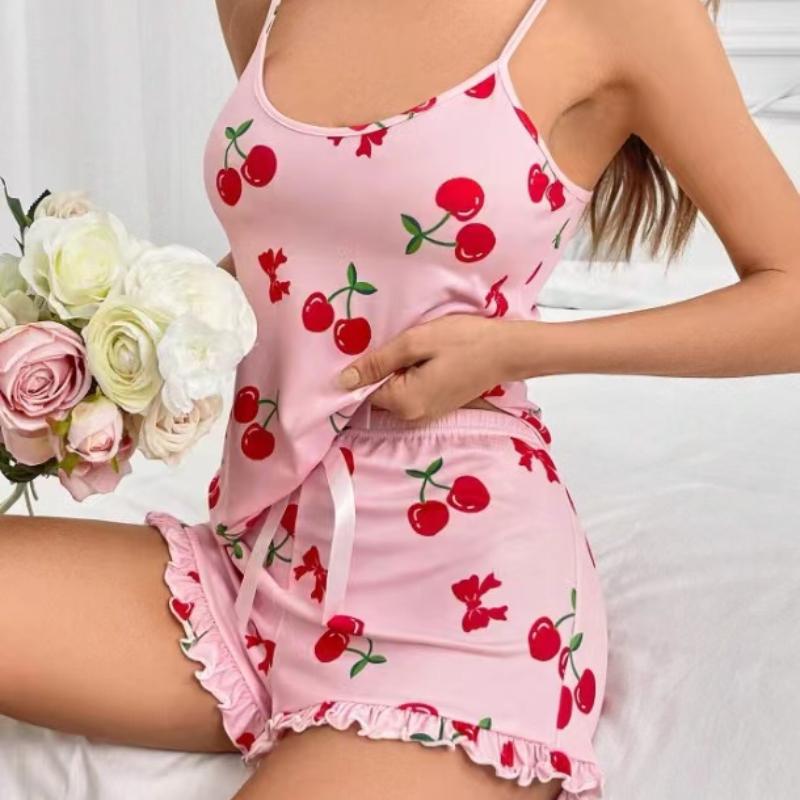 

Летний новый женский пижамный комплект, дышащий мягкий повседневный топ с принтом и шорты с оборками, милая домашняя пижама с шортами на бретелях XL